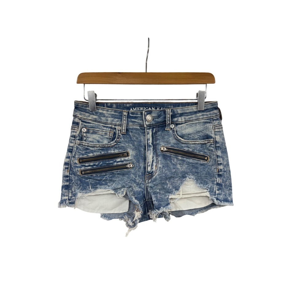 American Eagle Hi-Rise Shortie Acid‎ Wash Distressed Moto Zipper Denim Shorts 6